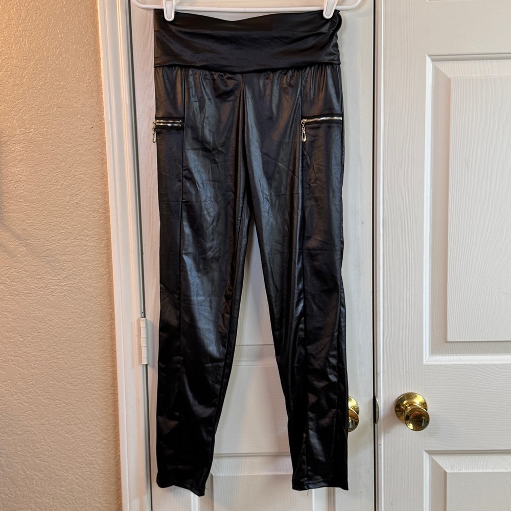 Faux Leather Black Biker Chic Stretch Women's Pants Sz L/XL Silver Zip Pockets